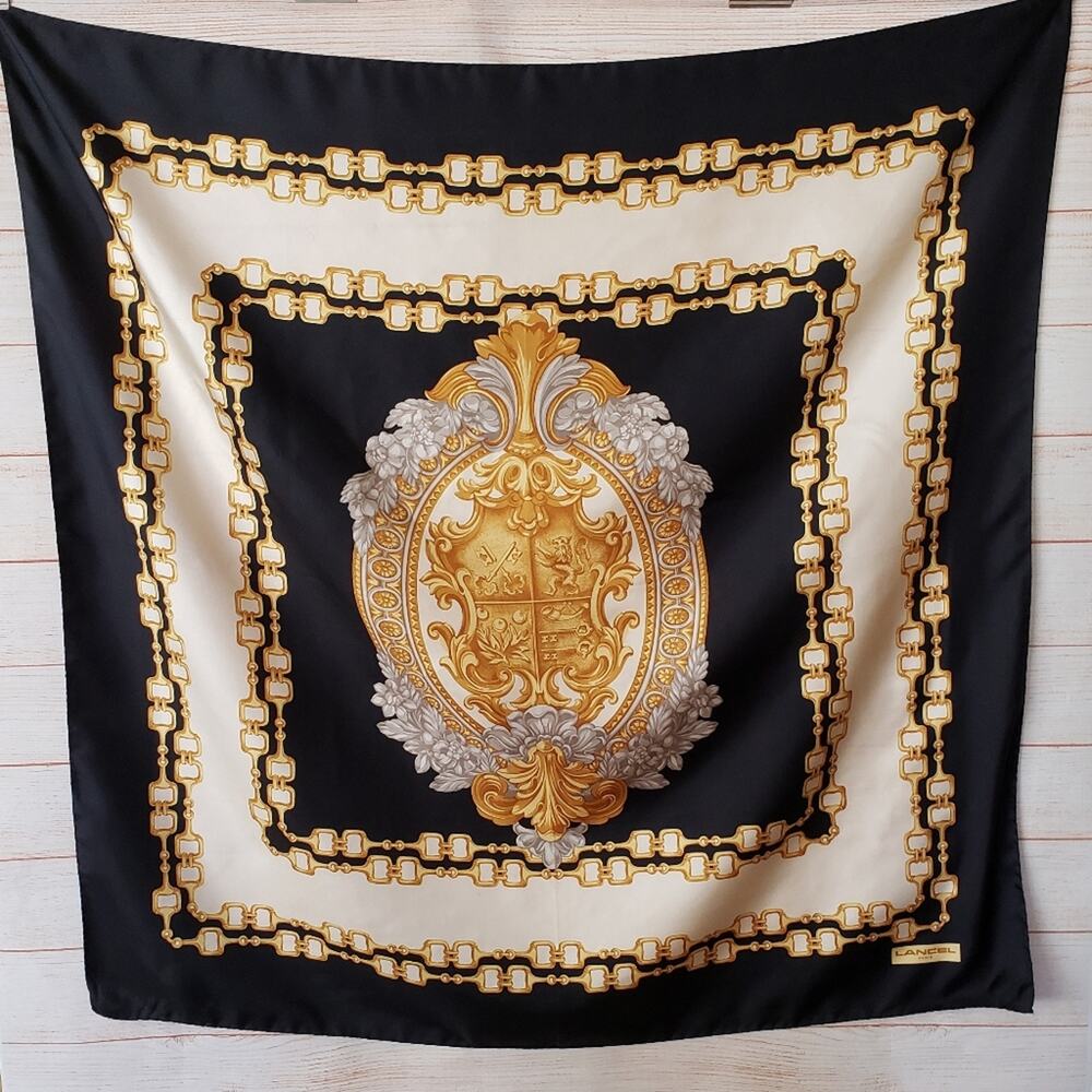 Lancel Vintage 100% Silk Gold Chain Link Print Scarf Rare 33 1/2" x 34"